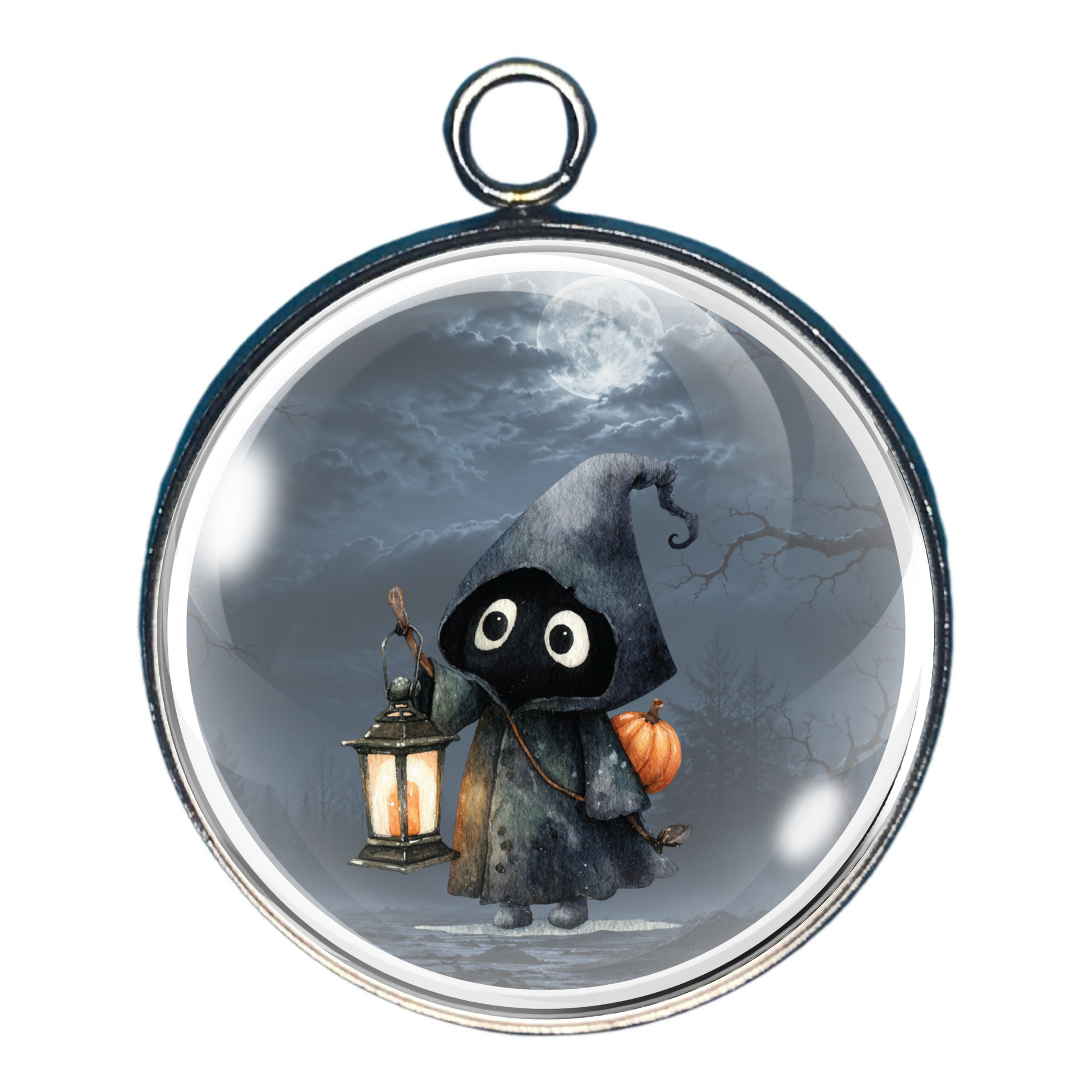 Cute ghost carrying a glowing lantern through a spooky moonlit forest on a Halloween glass cabochon charm.
