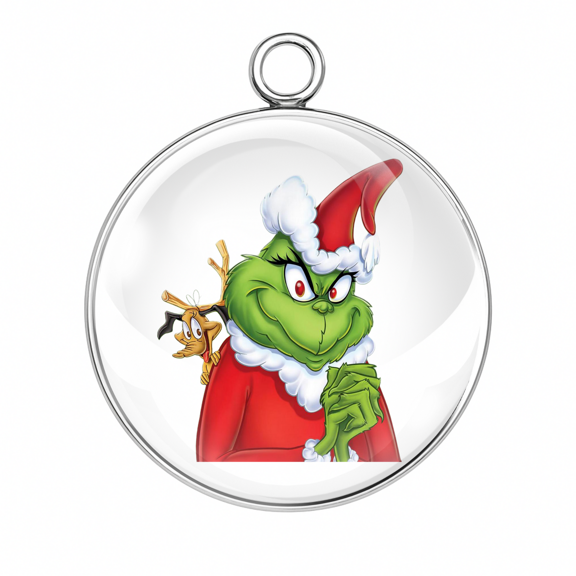 Style 4 – Santa Suit Grinch
Alt Tag: “Grinch in Santa suit glass charm for Christmas crafts”