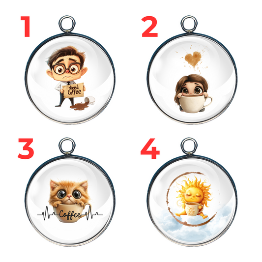 Please Send Coffee charm collection featuring four cute caffeine-themed pendant designs in round stainless steel bezel settings.