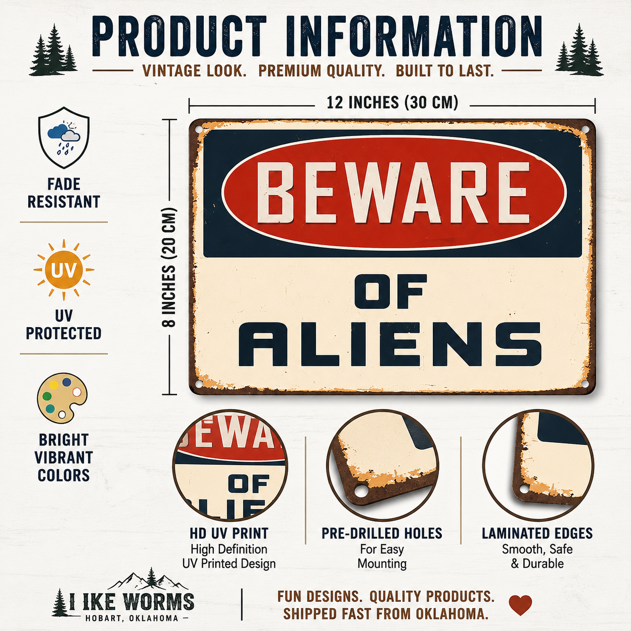 Beware of Aliens Vintage Metal Tin Sign – 8" x 12"