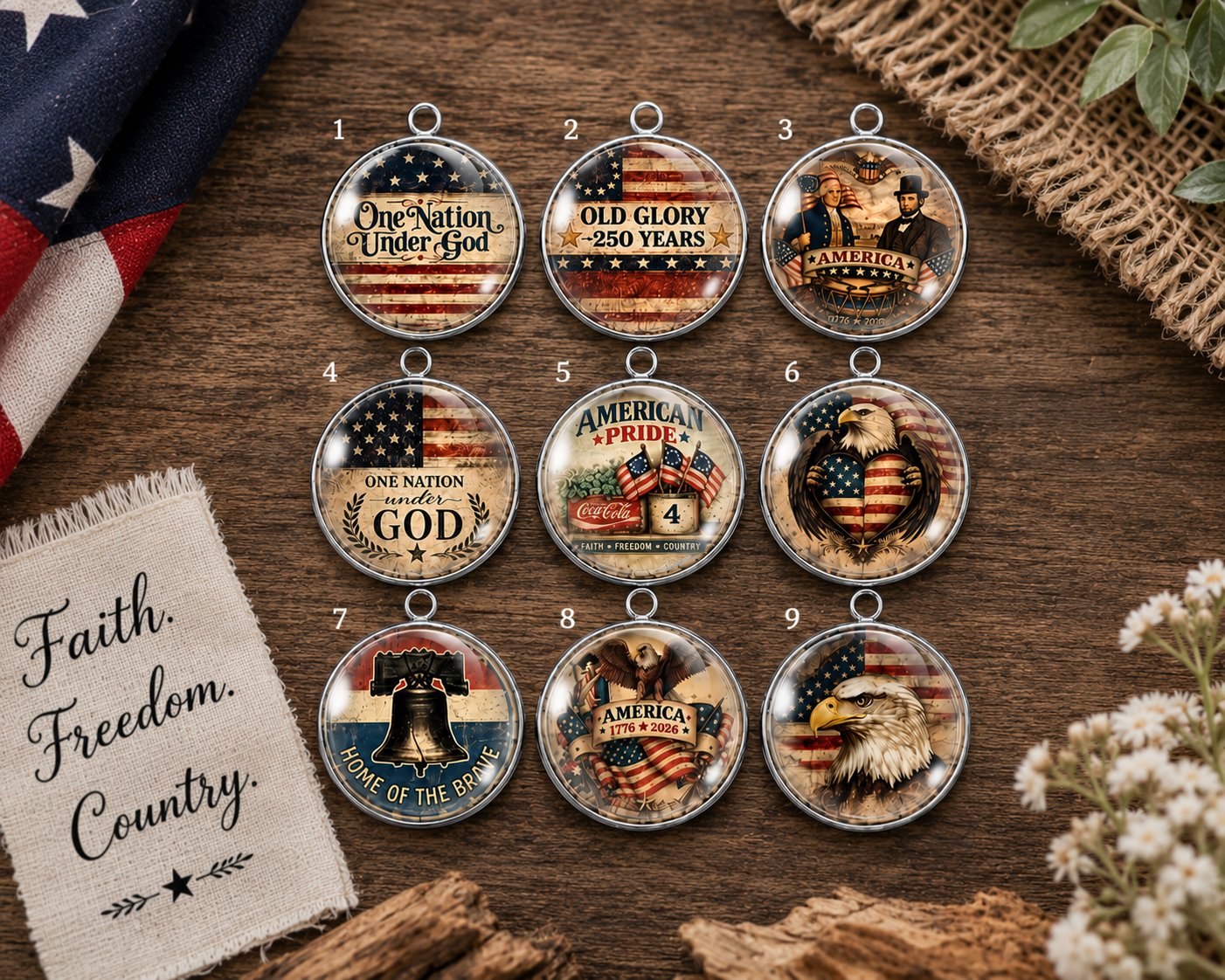 Collection of patriotic-themed pendants on a wooden surface with an American flag and decorative elements.
