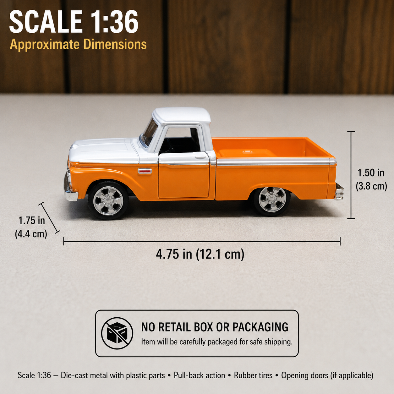 A 1:36 scale die-cast toy pickup truck shown on a light beige surface with overlaid dimension lines and text indicating approximate measurements. The truck has a white cab and a bright orange bed, with black tires and silver rims.