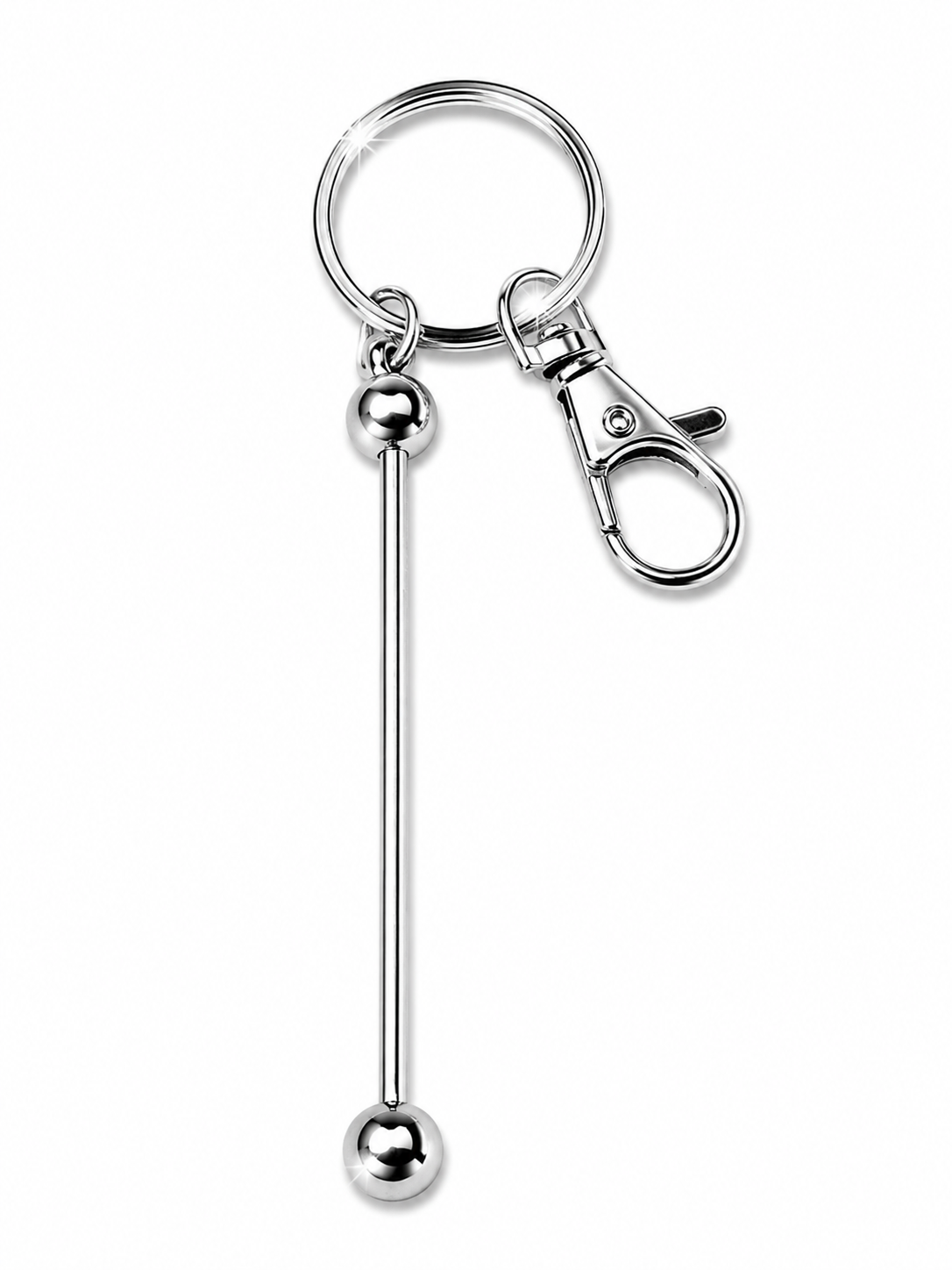 A silver-toned metal keychain featuring a long straight barbell with spherical ends and a lobster clasp, shown on a plain white background.