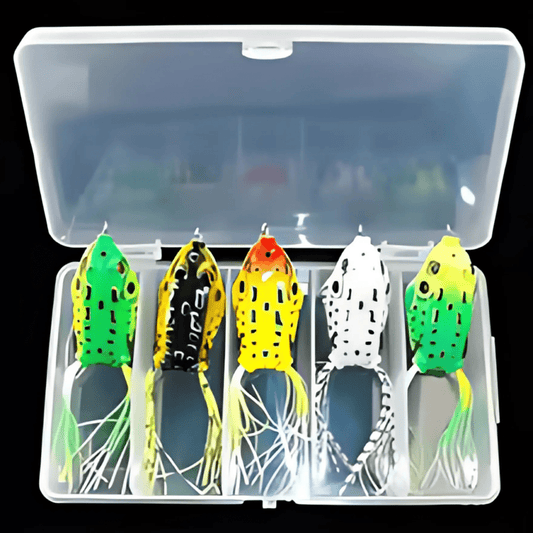 5 frog fishing lures in a box