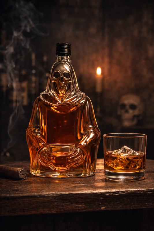 Ghost-shaped whiskey bottle with a glass of whiskey on a dark background