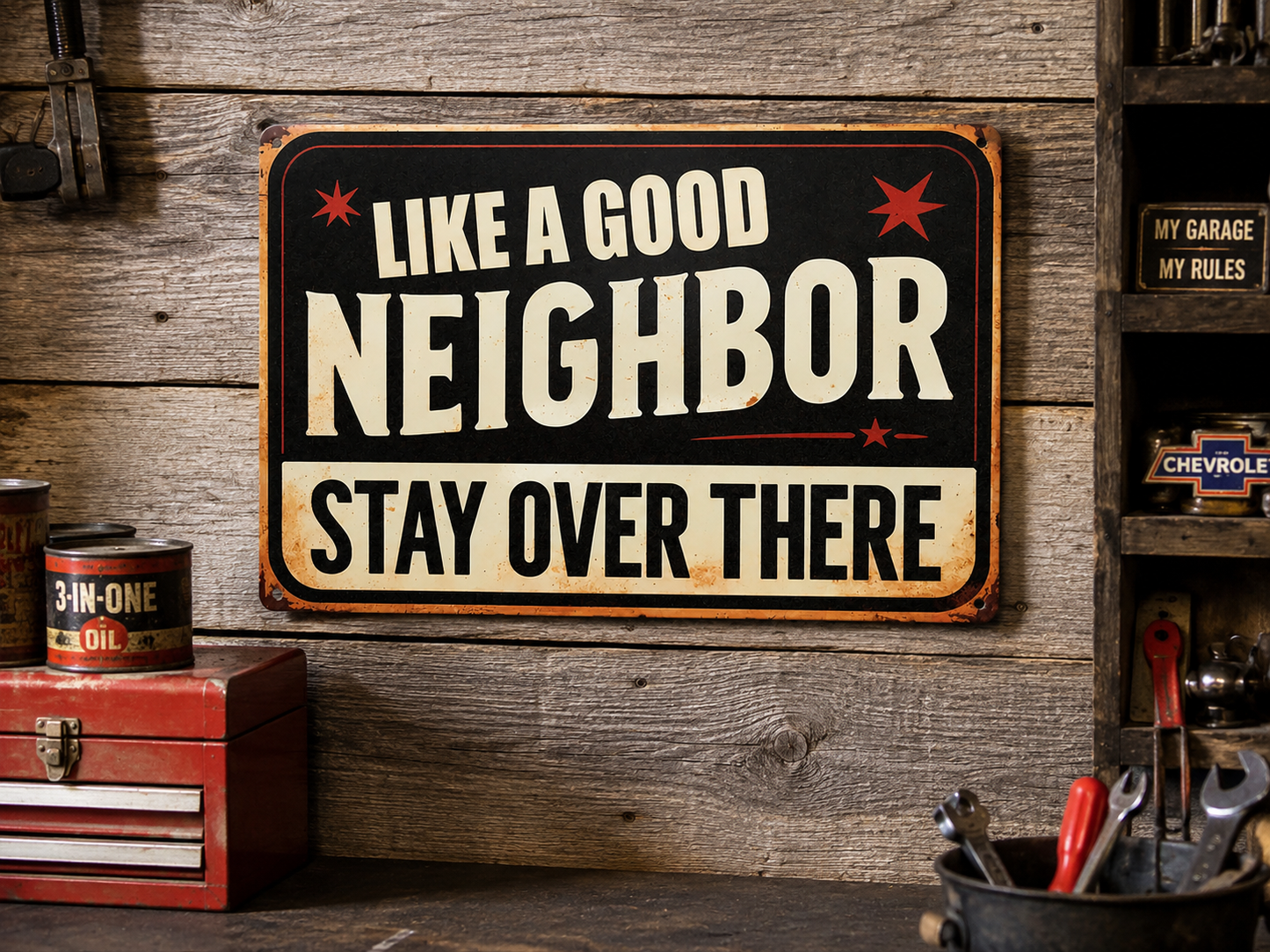 Like A Good Neighbor Stay Over There Funny Metal Sign 12"x8"