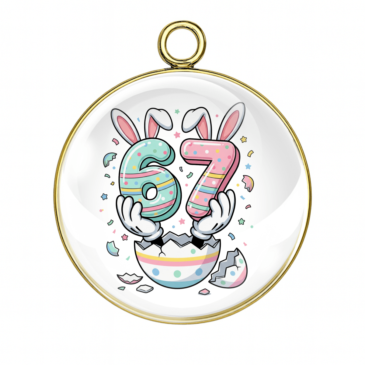 Decorative plate with numbers 6 and 7, bunny ears, and a gold rim on a white background.