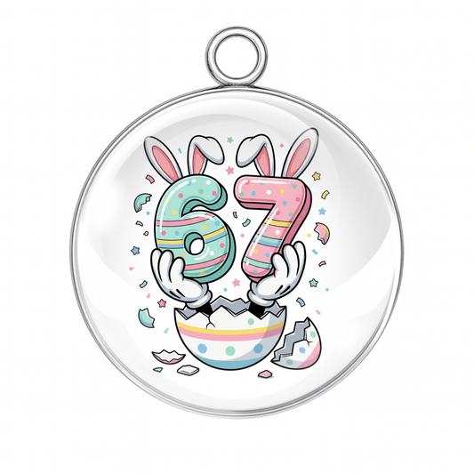 Circular pendant with cartoon numbers 6 and 7 in bunny ears, surrounded by confetti on a white background.
