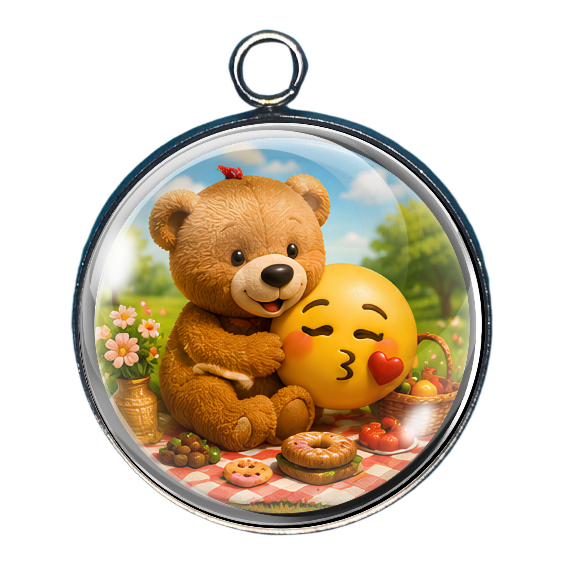 Teddy bear hugging a kissing heart emoji during a cozy picnic.