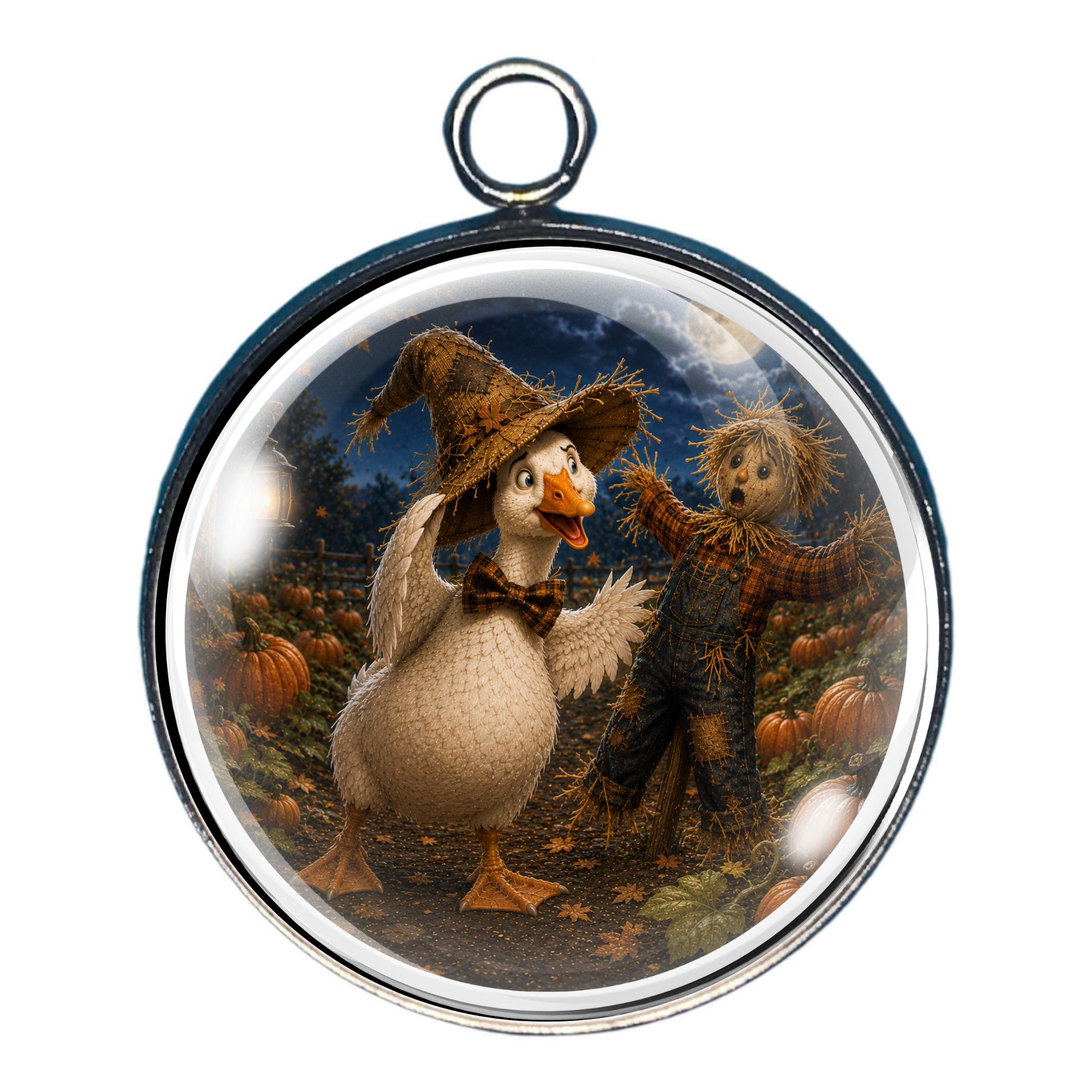 Mischievous goose proudly stealing a scarecrow's hat in a pumpkin patch.