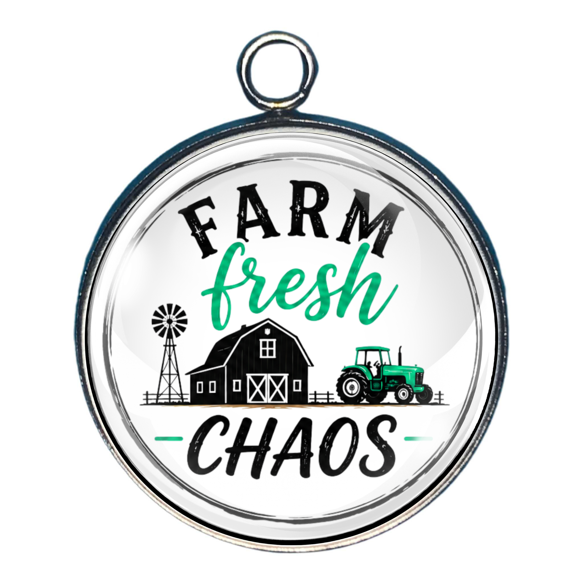 Charm with the text: 'Farm fresh chaos' with a barn, windmill, and tractor 