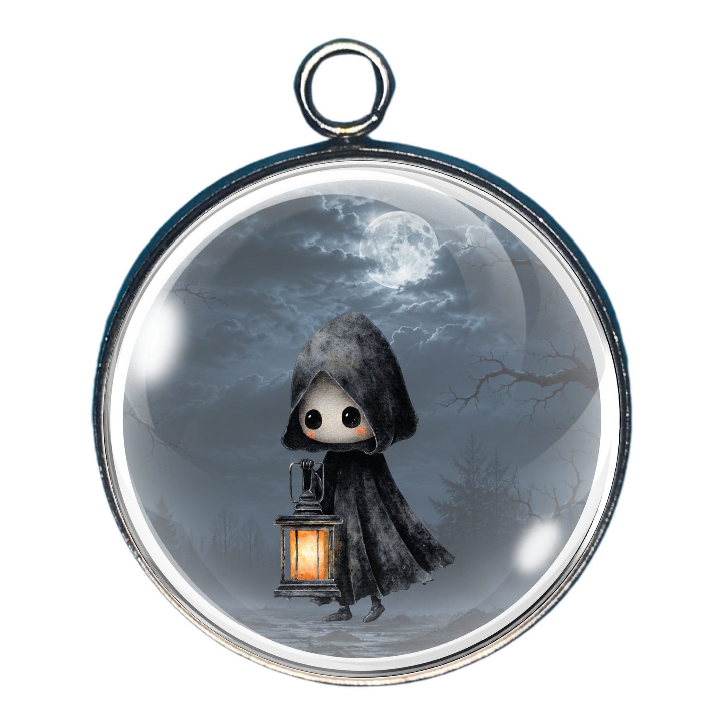 Mysterious hooded figure beneath a glowing moon in a haunted forest Halloween glass cabochon charm.