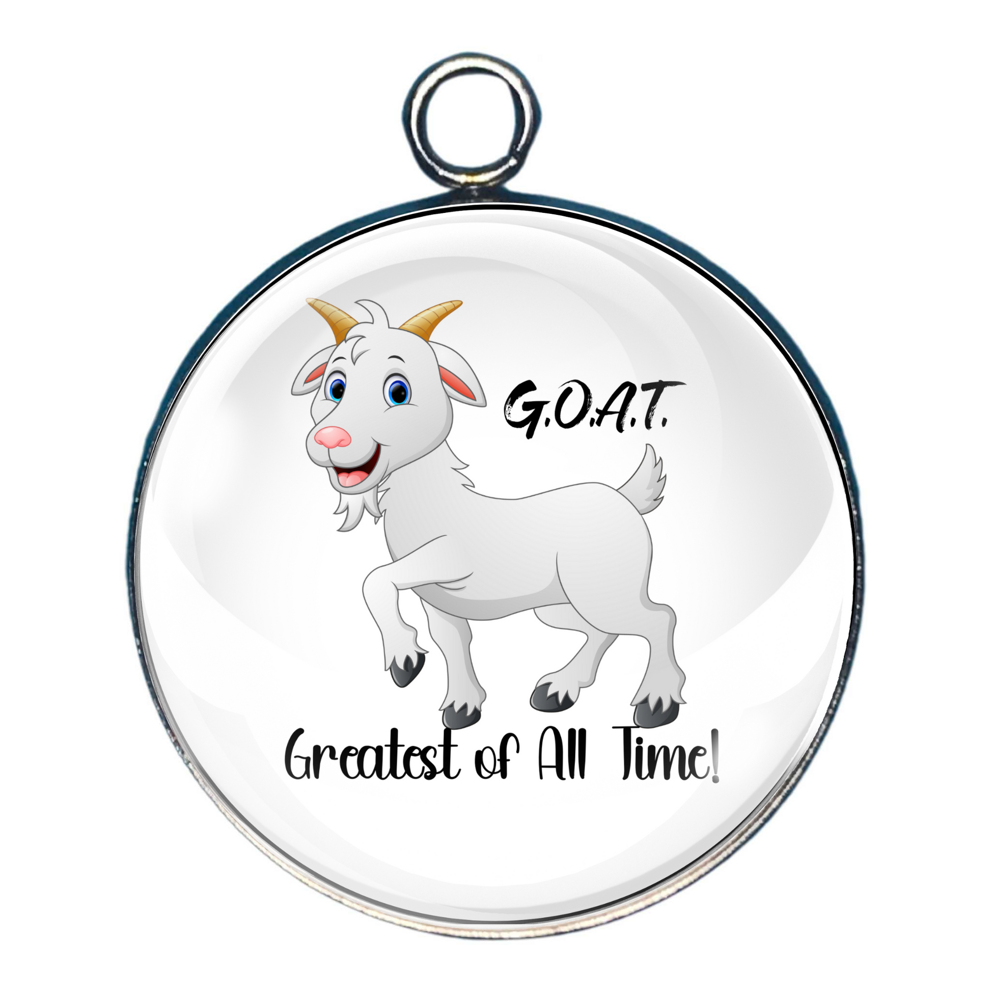 a charm with a cute prancing goat withthe wording 'GOAT- Greatest of all time!'