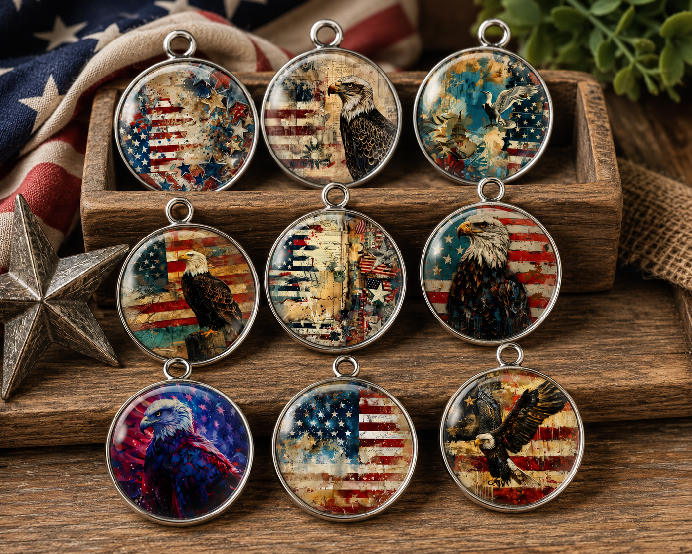 Collection of patriotic-themed pendants on a wooden surface with an American flag and star in the background.