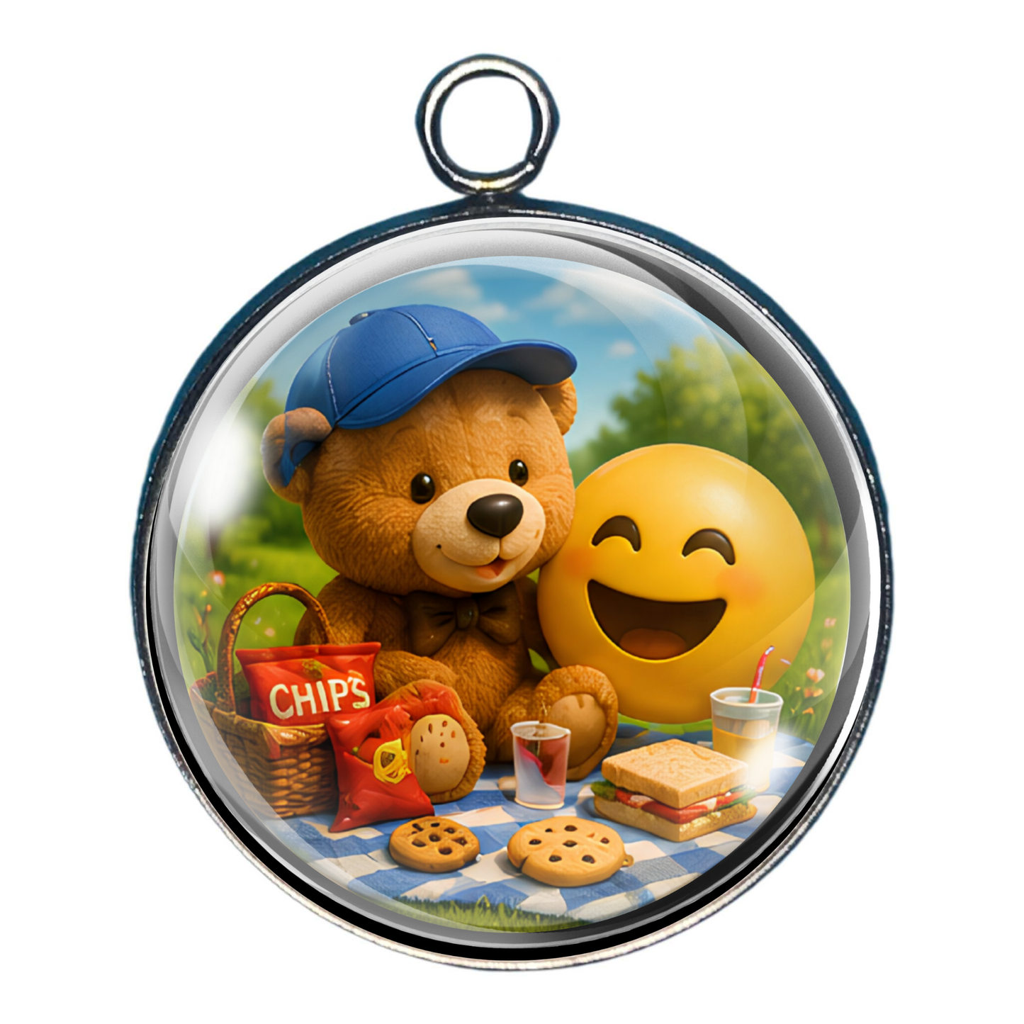 Teddy bear wearing a blue cap enjoying cookies and snacks with a laughing emoji.
