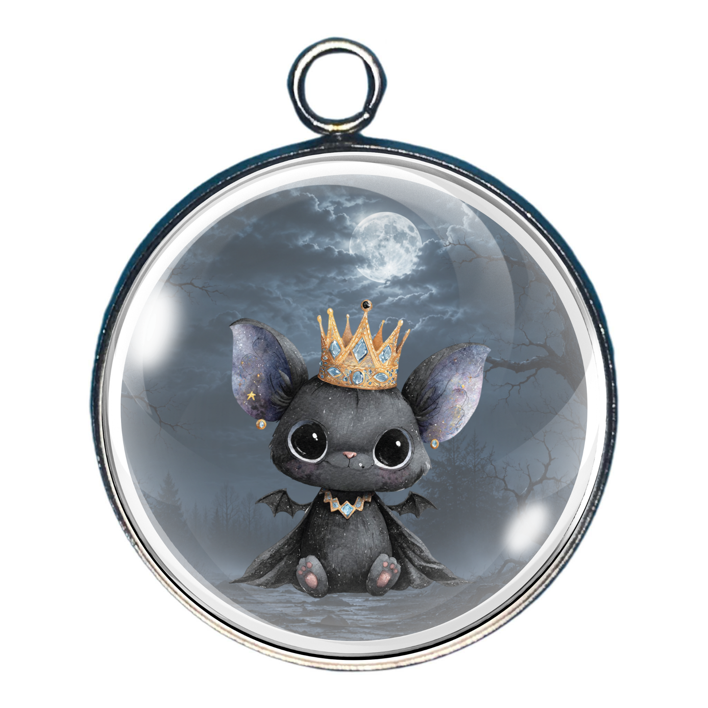 Adorable crowned bat flying beneath a full moon in a spooky haunted forest glass cabochon charm.
