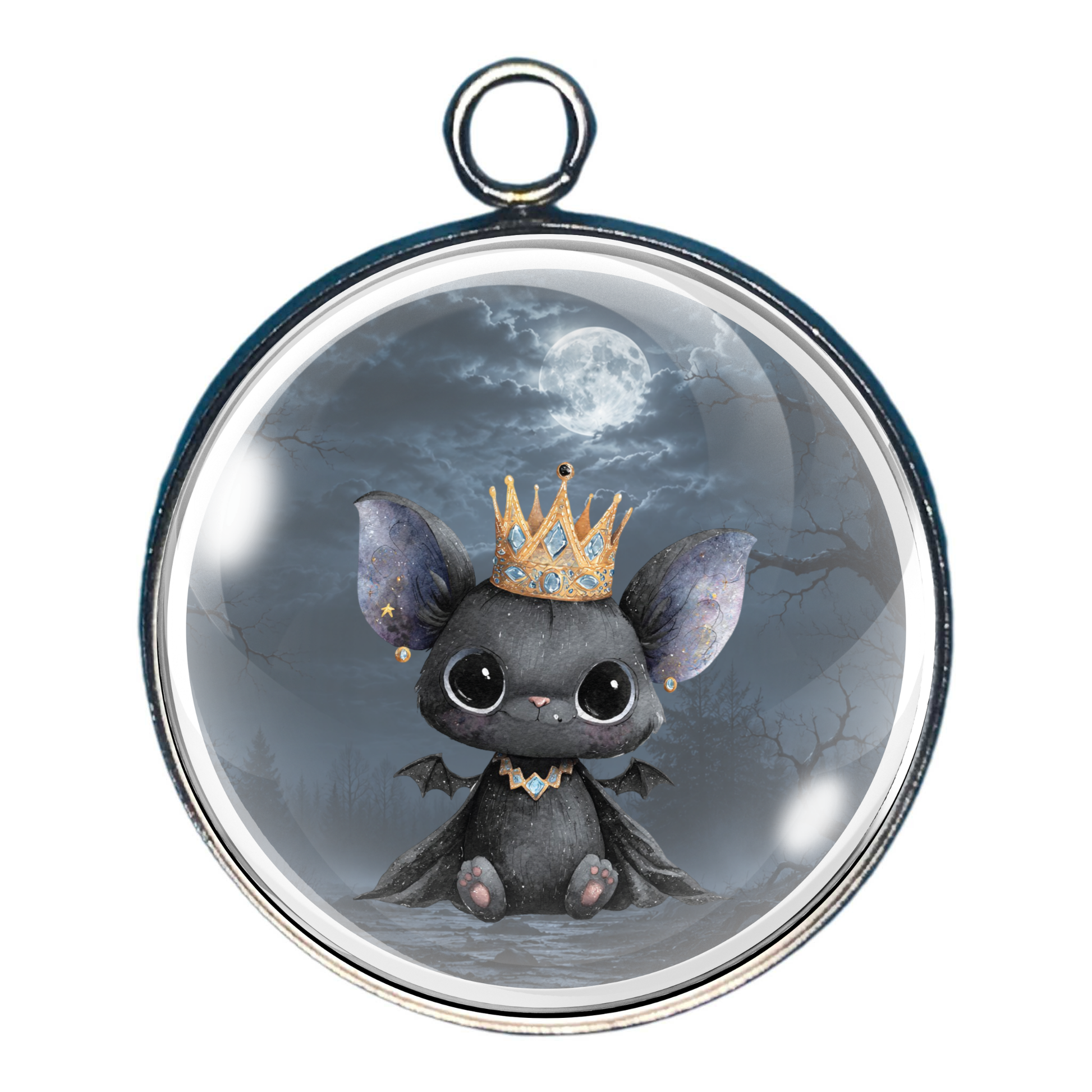 Adorable crowned bat flying beneath a full moon in a spooky haunted forest glass cabochon charm.