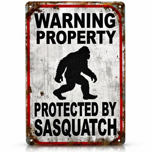 Warning Property Protected By Sasquatch 12x8 distressed metal sign with vintage rustic finish and Bigfoot silhouette on a white background.