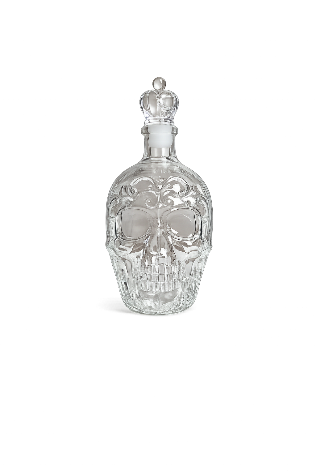 Glass skull-shaped decanter with a crown on a white background