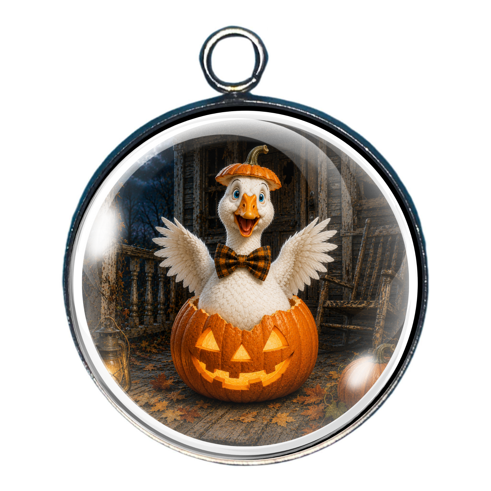 Happy goose hatching from a glowing jack-o'-lantern on the porch of a spooky old house.