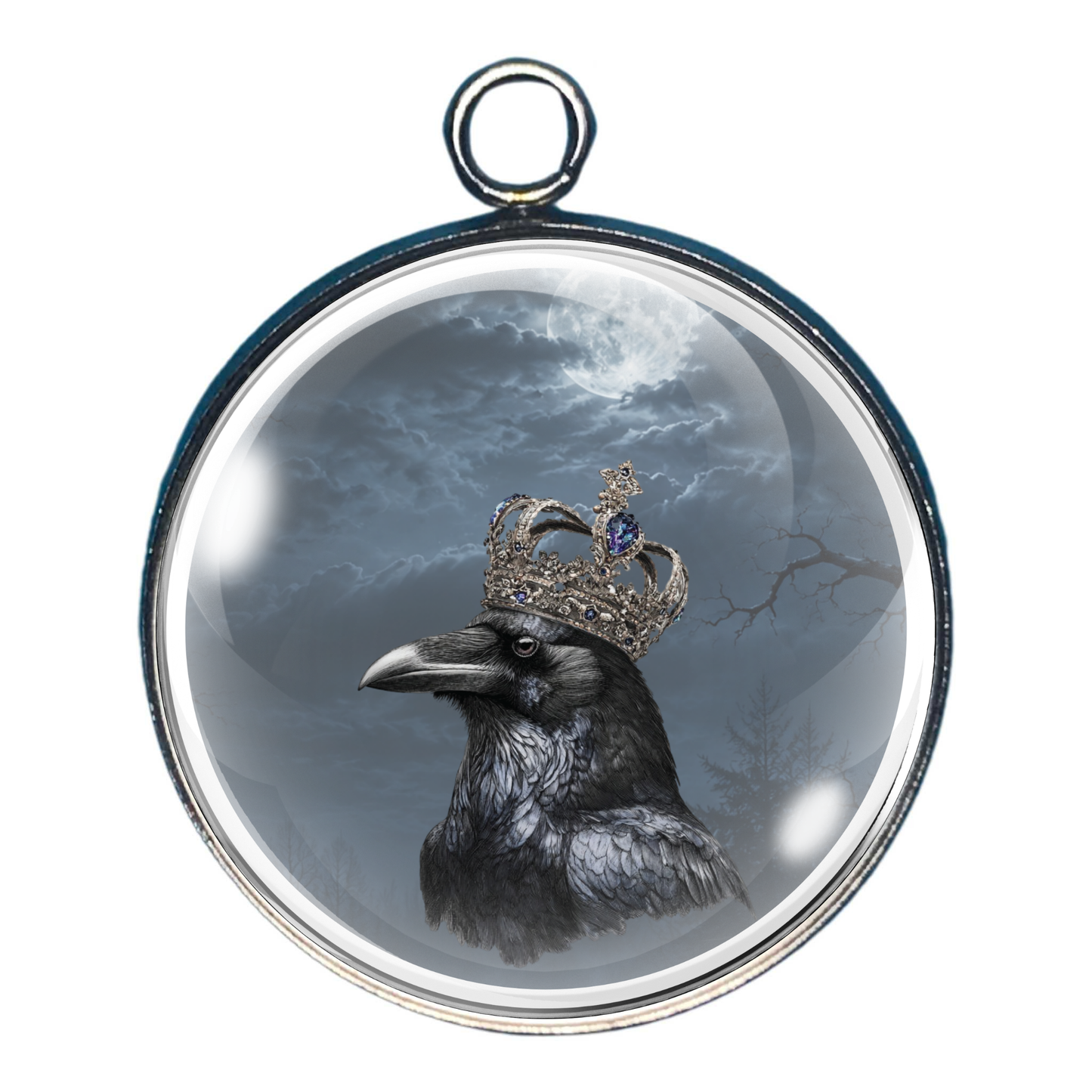 Halloween glass cabochon charm featuring a crowned raven perched beneath a moonlit haunted sky.