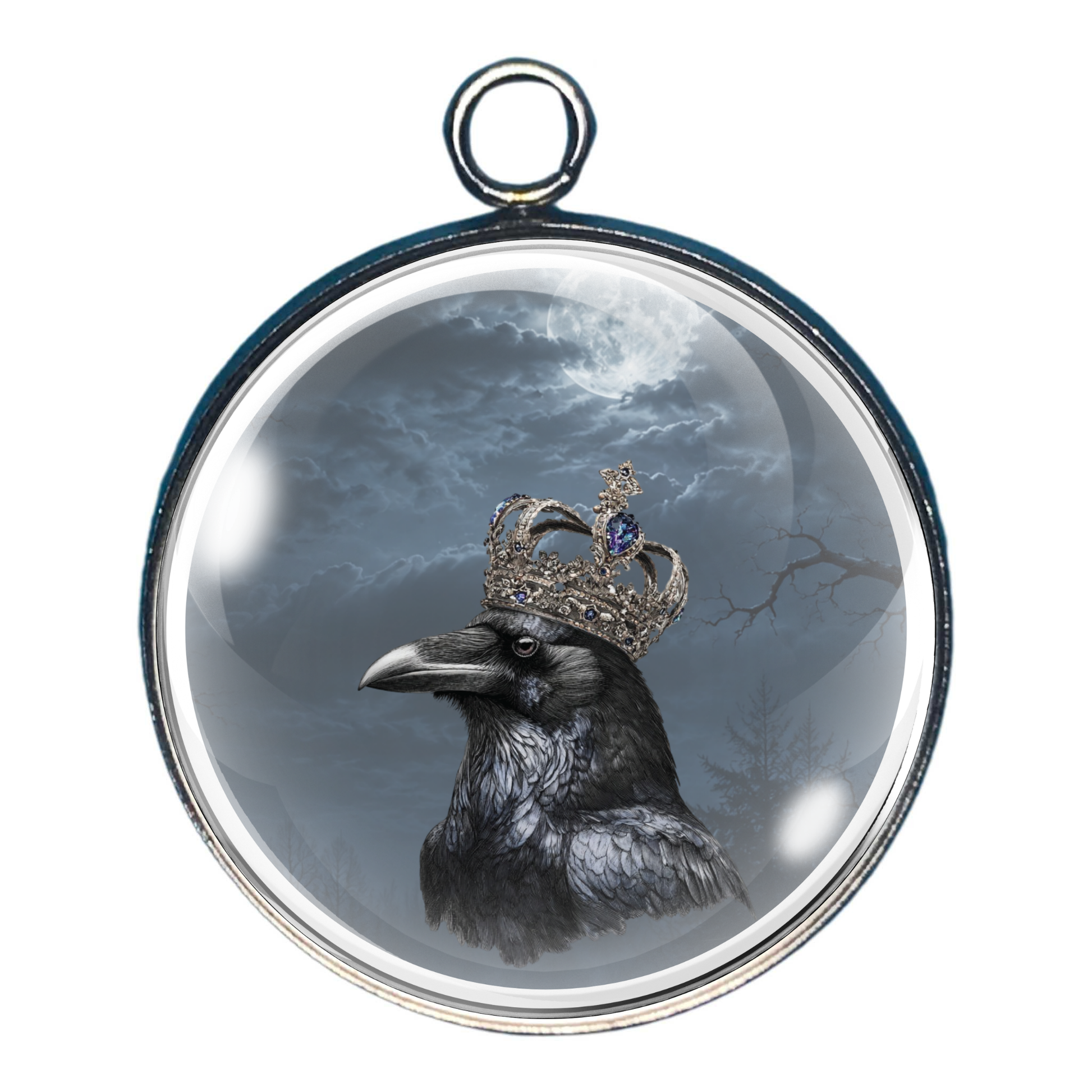 Halloween glass cabochon charm featuring a crowned raven perched beneath a moonlit haunted sky.