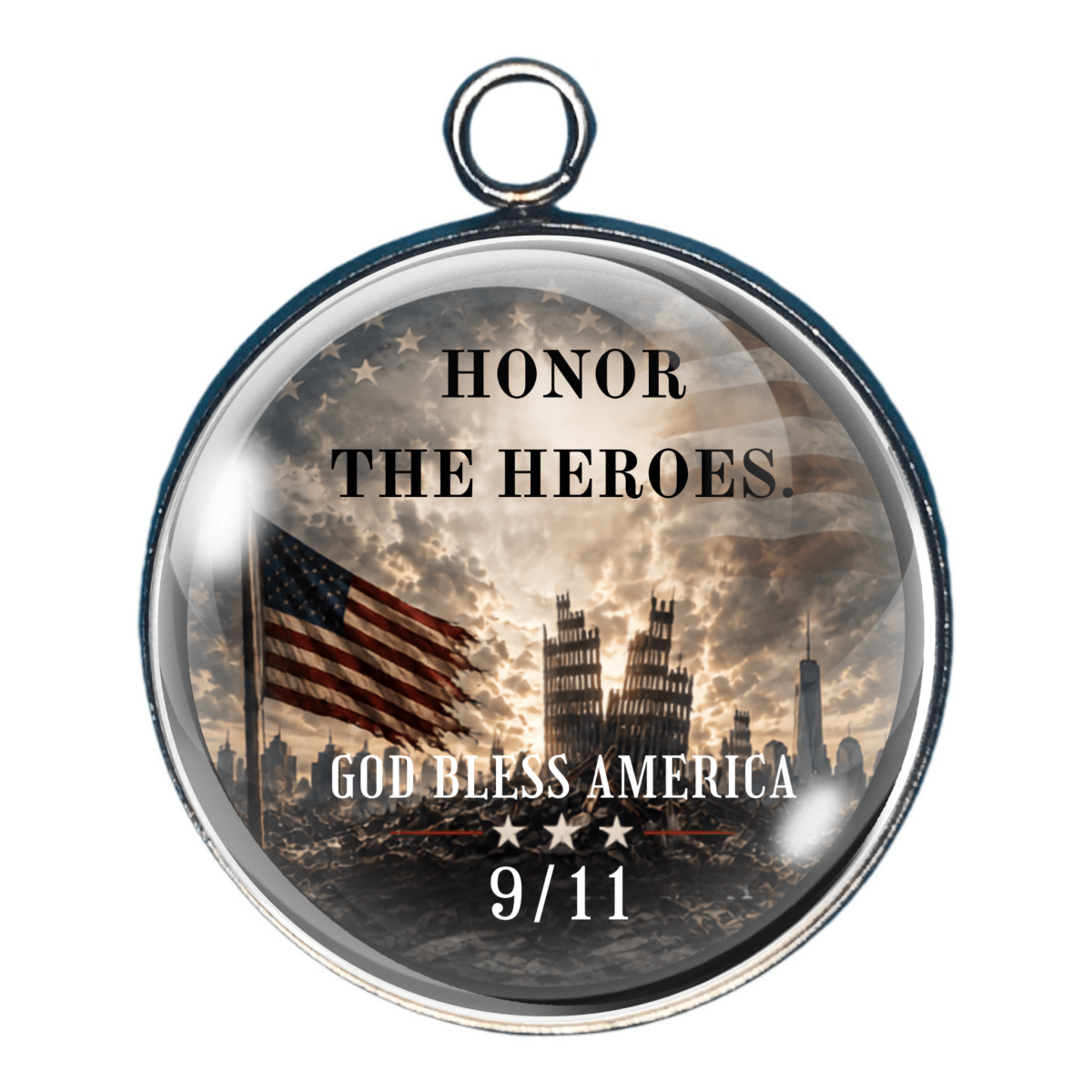 Charm depicting the twin tower wreckage and wording to honor the heroes.