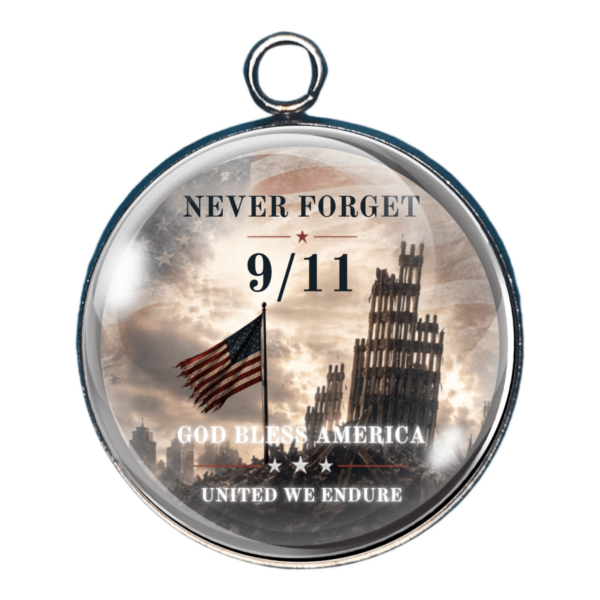 Charm depicting the twin tower wreckage with wording 'god bless America - United We Endure