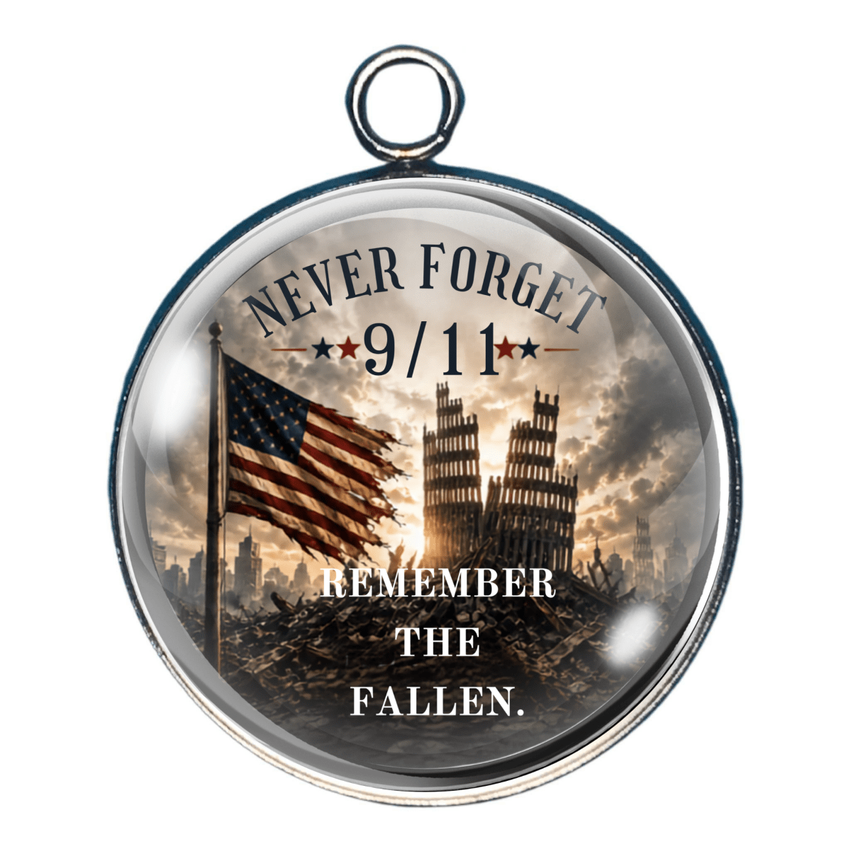 Charm depicting the Twin Tower wreckage with wording to Remember the Fallen.