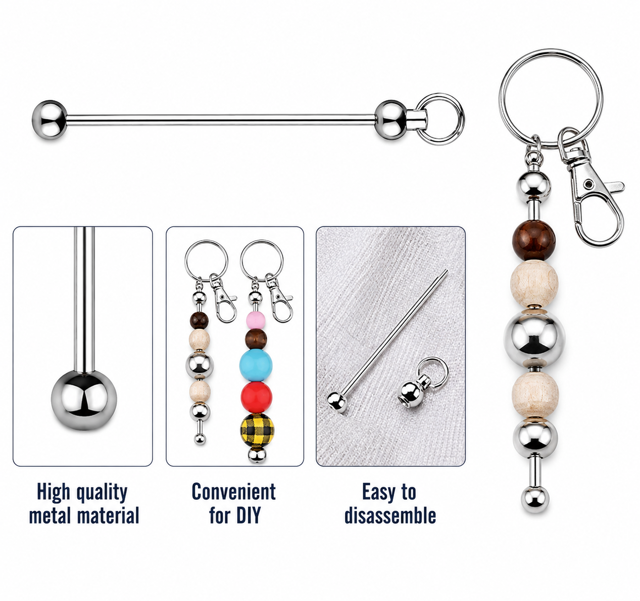 Silver metal barbell keychain with a lobster clasp, shown alongside three inset detail panels highlighting high-quality metal, colorful bead options, and disassembly features on a white background.