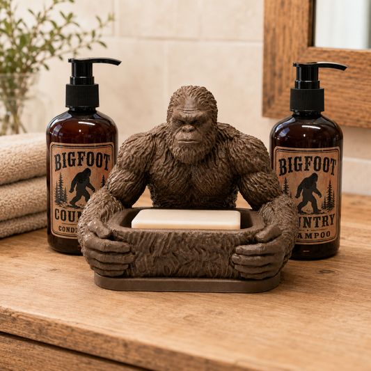 Bigfoot Bathroom Set Soap Dish Shampoo & Conditioner Pump Bottles Rustic