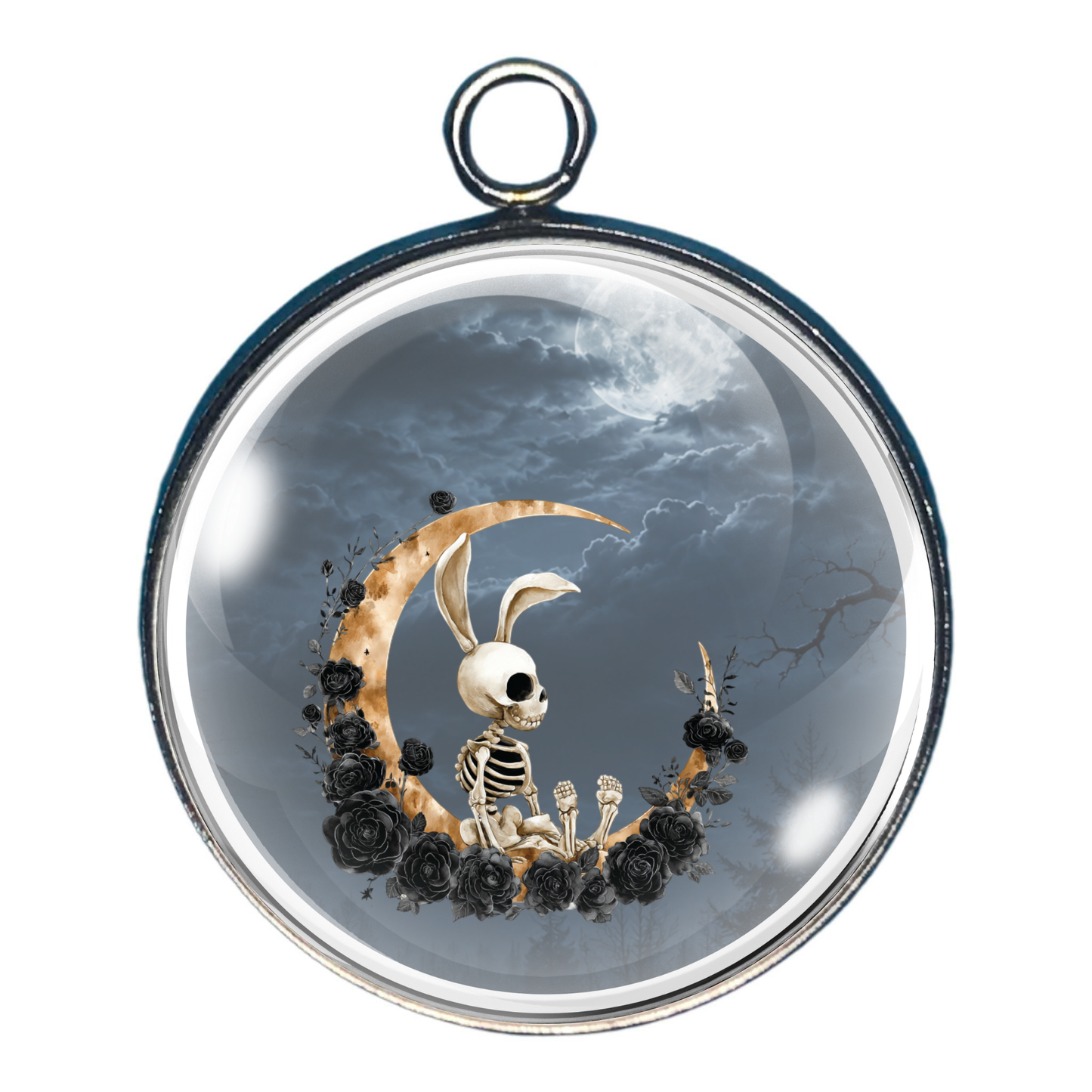 Skeleton resting on a crescent moon surrounded by a spooky haunted forest Halloween glass cabochon charm.