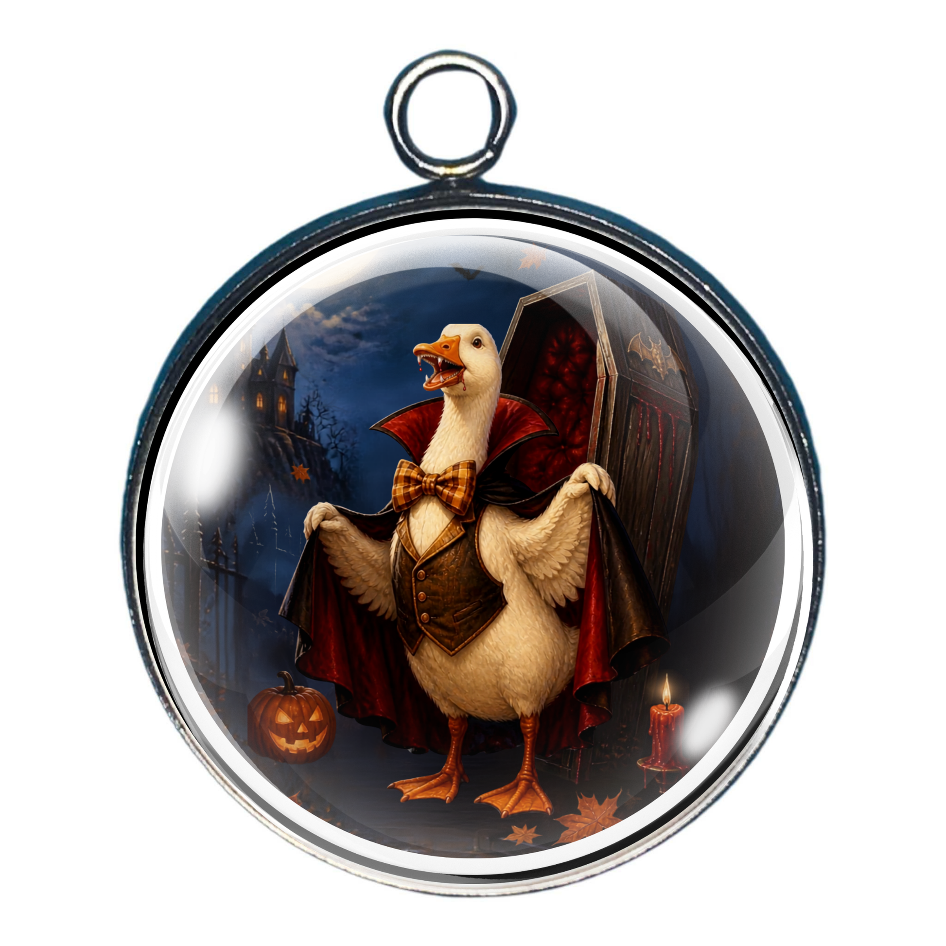 Whimsical goose dressed as a vampire beside an open coffin on Halloween night.