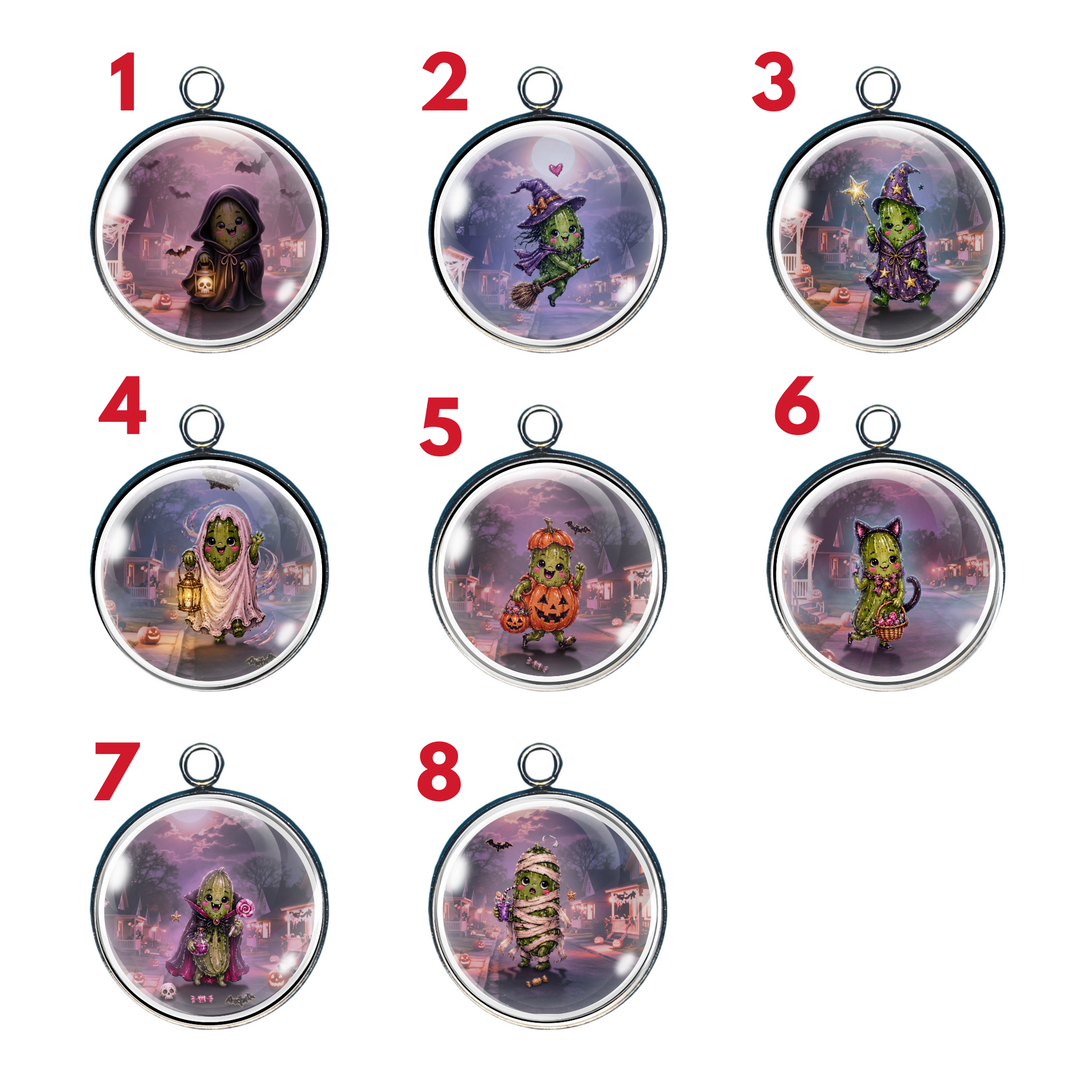 Pickle Halloween glass cabochon charm collection featuring eight whimsical pickle characters dressed in fun Halloween costumes.