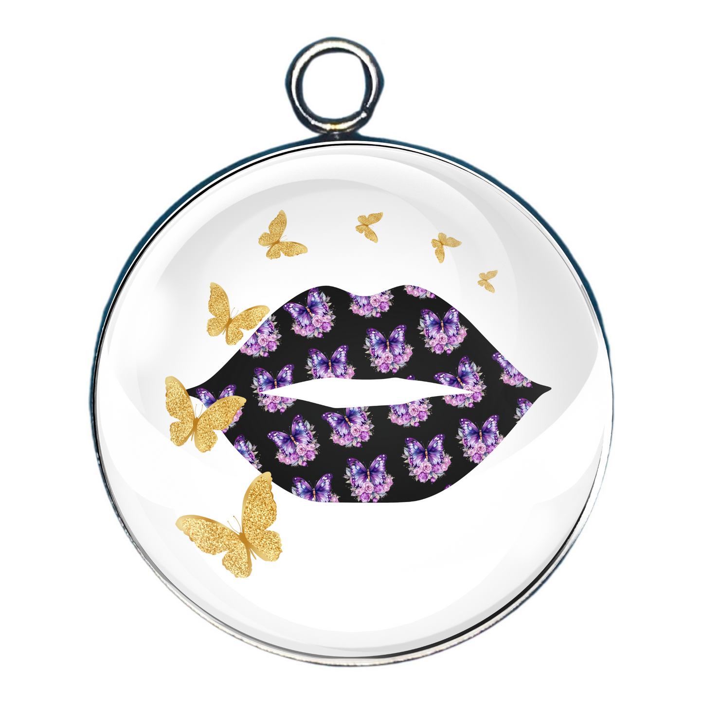 a charm depicting black lips with purple butterflies on them and gold butterflies around them