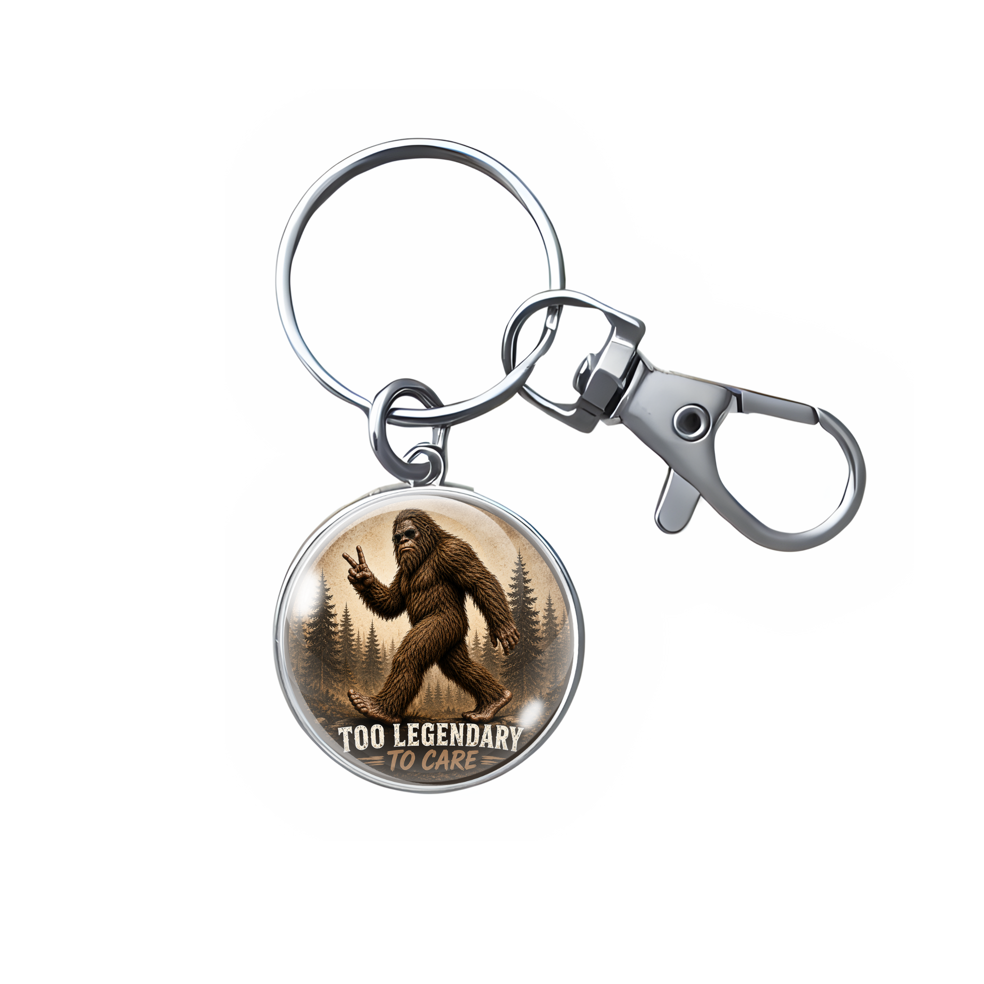 A silver metal keychain with a round pendant featuring an illustration of Bigfoot in a forest with the text 'TOO LEGENDARY TO CARE'.