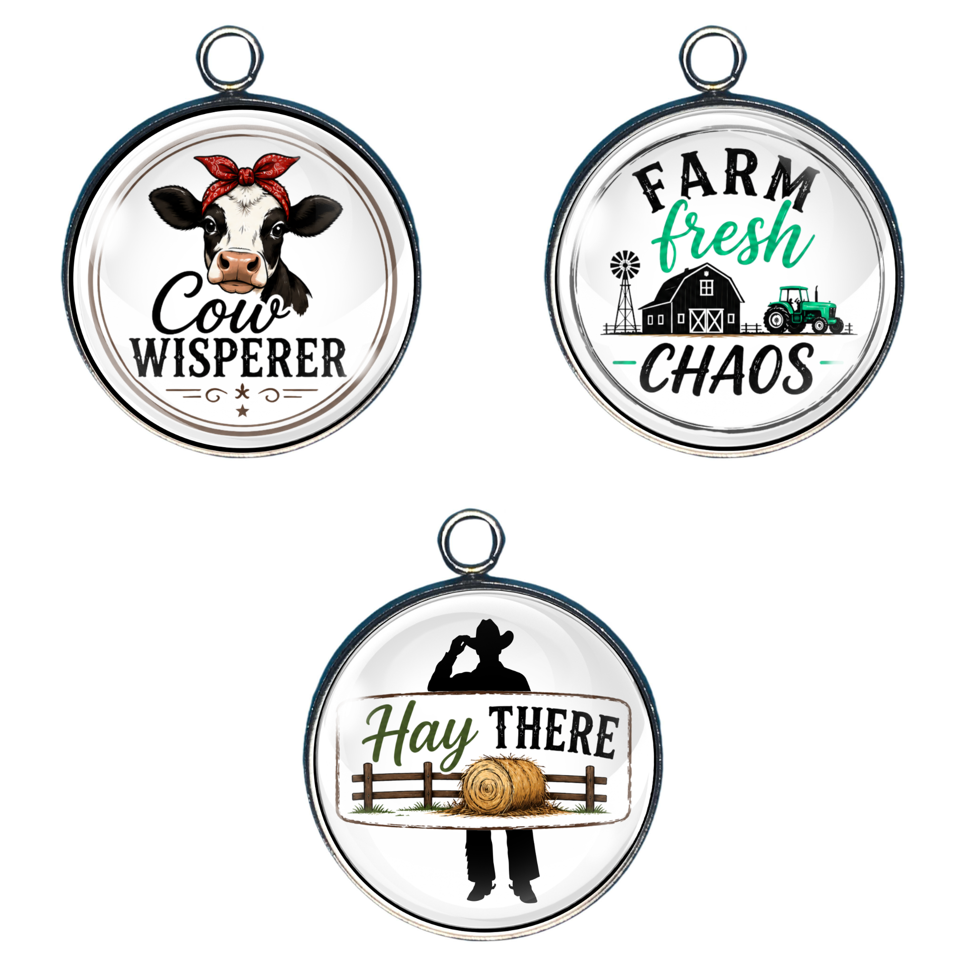 Three farm-themed charms with humorous sayings on them.