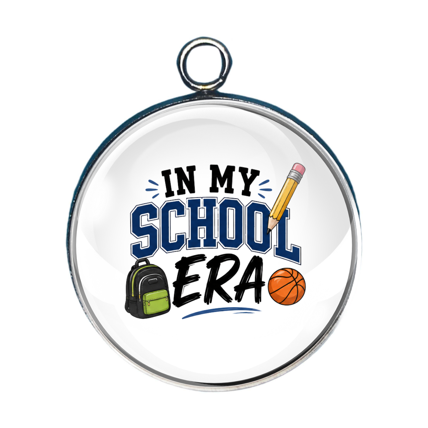 In My School Era glass cabochon charm featuring a backpack, basketball, and pencil in a sporty school design.