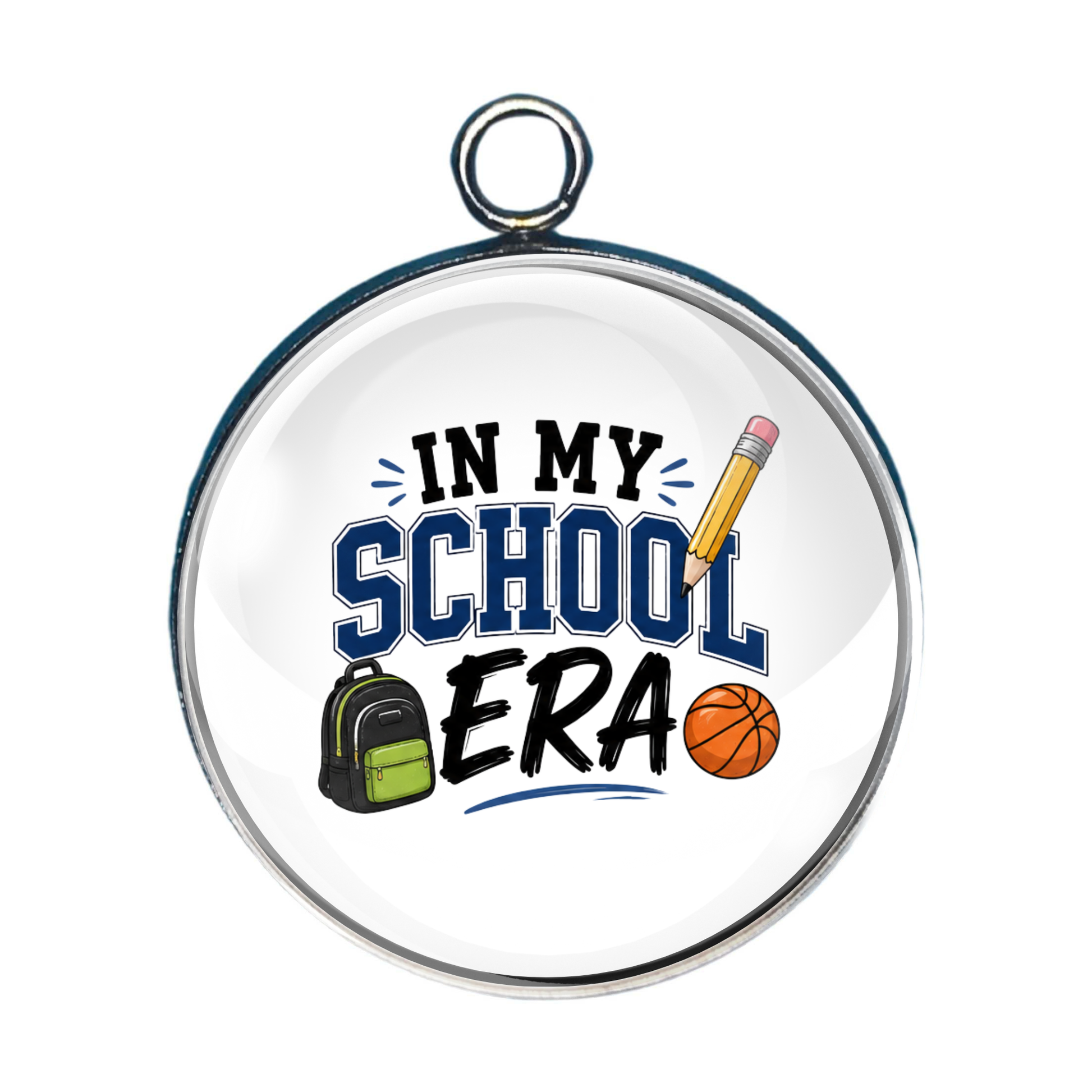 In My School Era glass cabochon charm featuring a backpack, basketball, and pencil in a sporty school design.