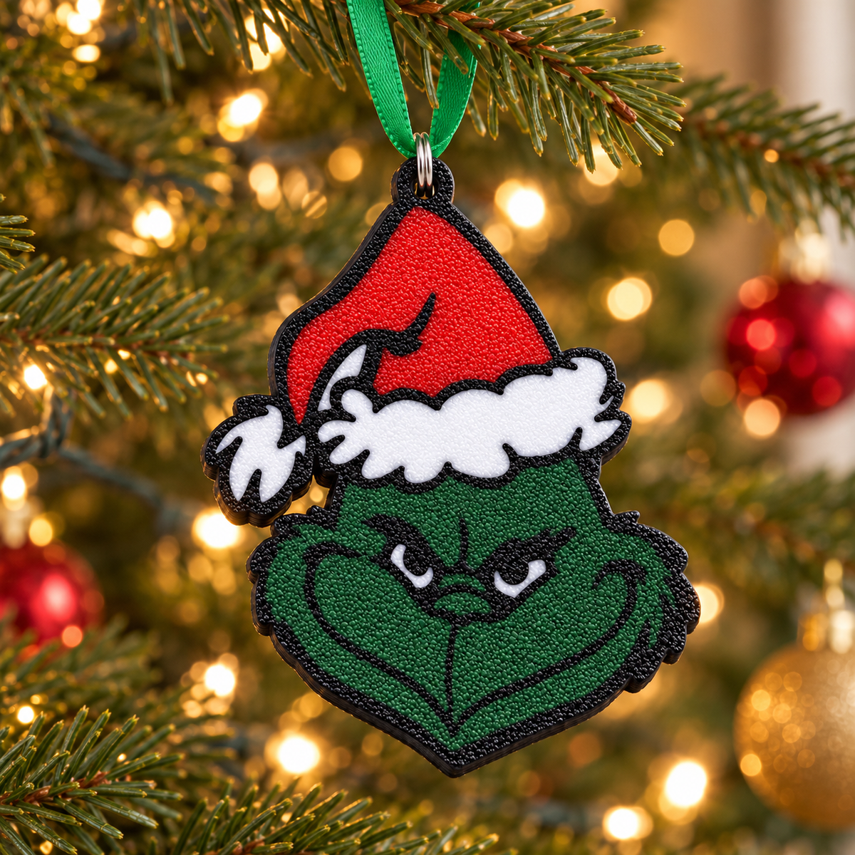 Grinch Christmas Ornament Double Sided 3D Printed Santa Hat Holiday Tree Decor