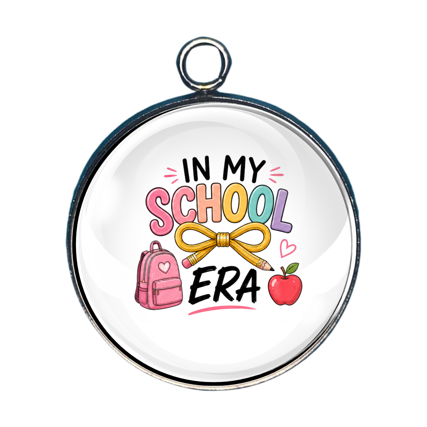 In My School Era glass cabochon charm featuring a pencil bow, backpack, and apple in a trendy pastel design.