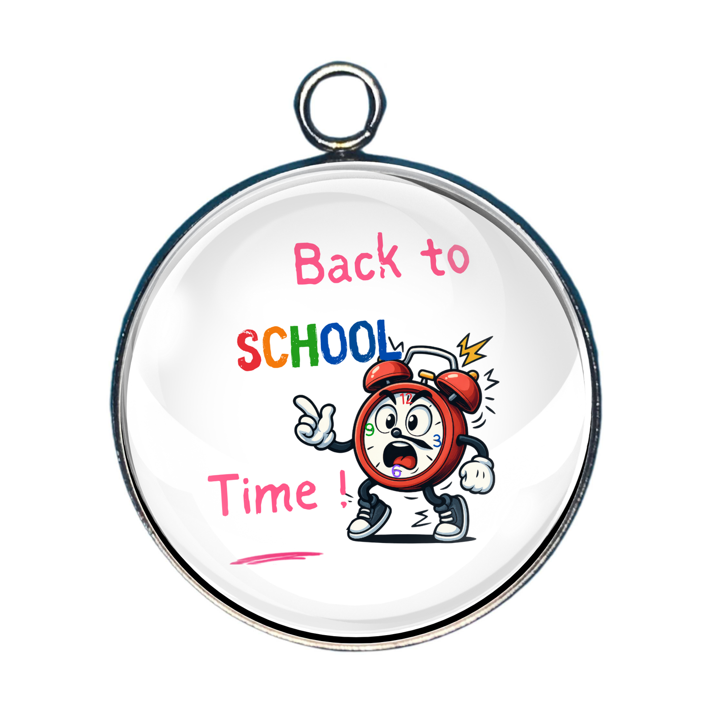 Back to School Time glass cabochon charm featuring a surprised alarm clock with colorful school lettering.