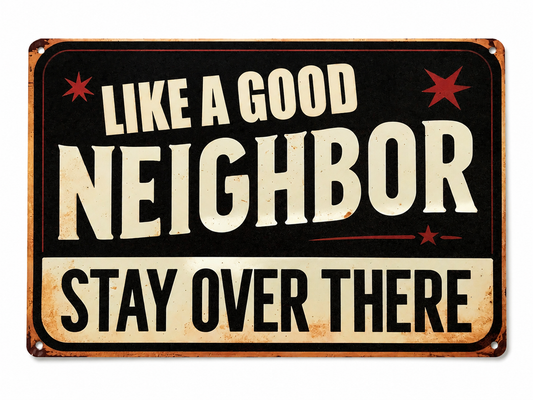 Like A Good Neighbor Stay Over There Funny Metal Sign 12"x8"