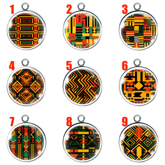 9 African Kente design glass cabochon charms