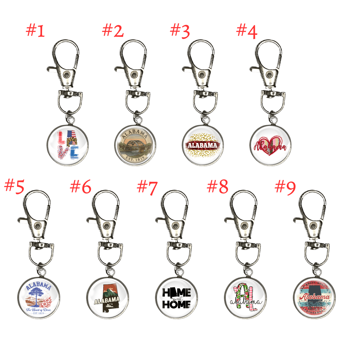 Nine keychains with various designs on a white background