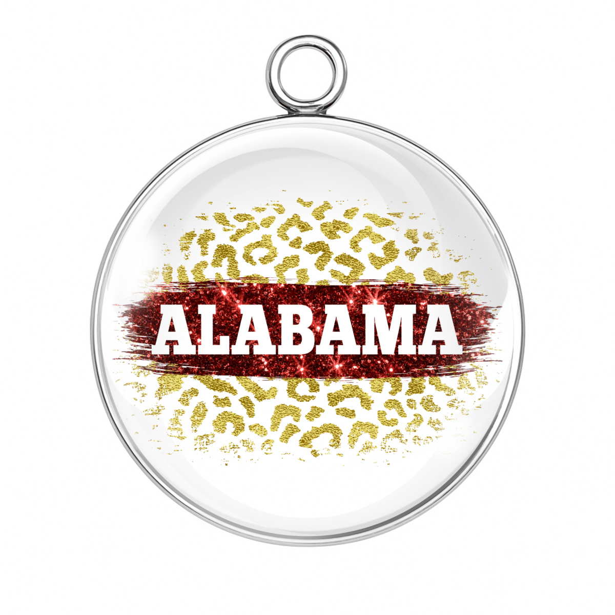 Round pendant with 'Alabama' text and gold pattern on a white background