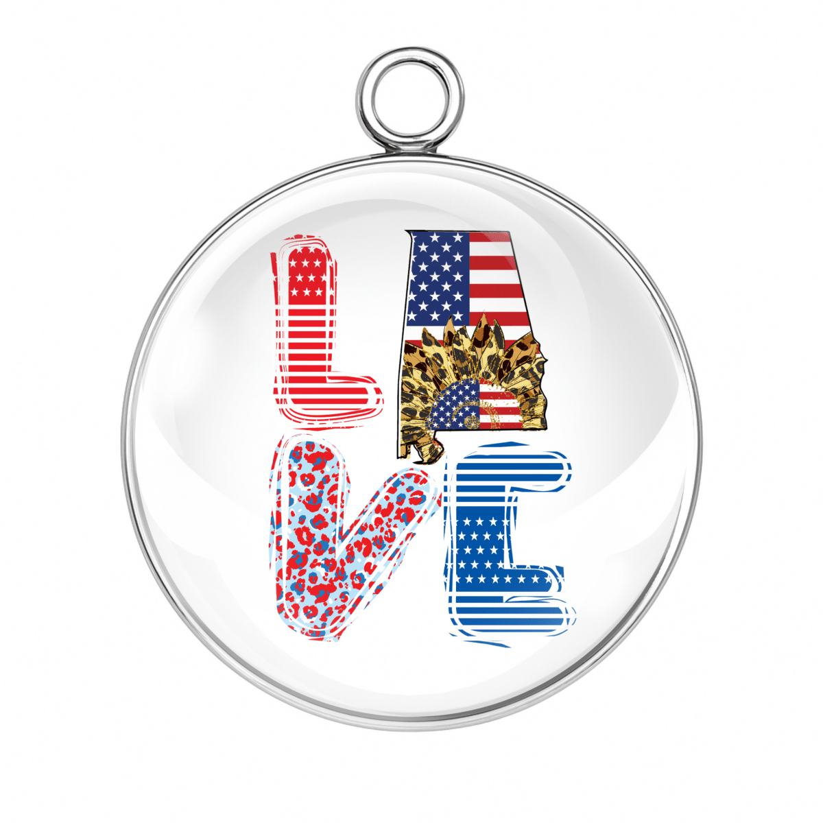 Circular pendant with 'LOVE' letters in American flag and leopard print design on a white background.