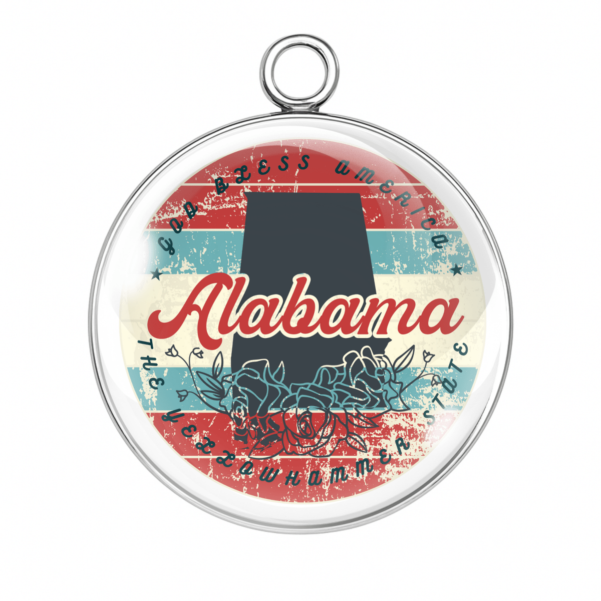 Round pendant with a map of Alabama and decorative text on a white background