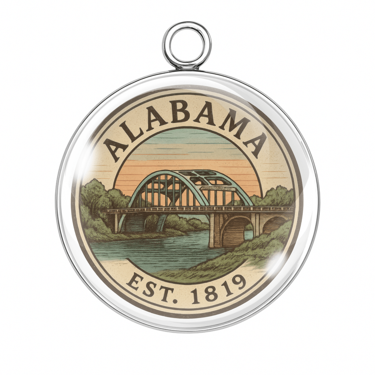 Round pendant with 'Alabama' text and bridge design on a white background