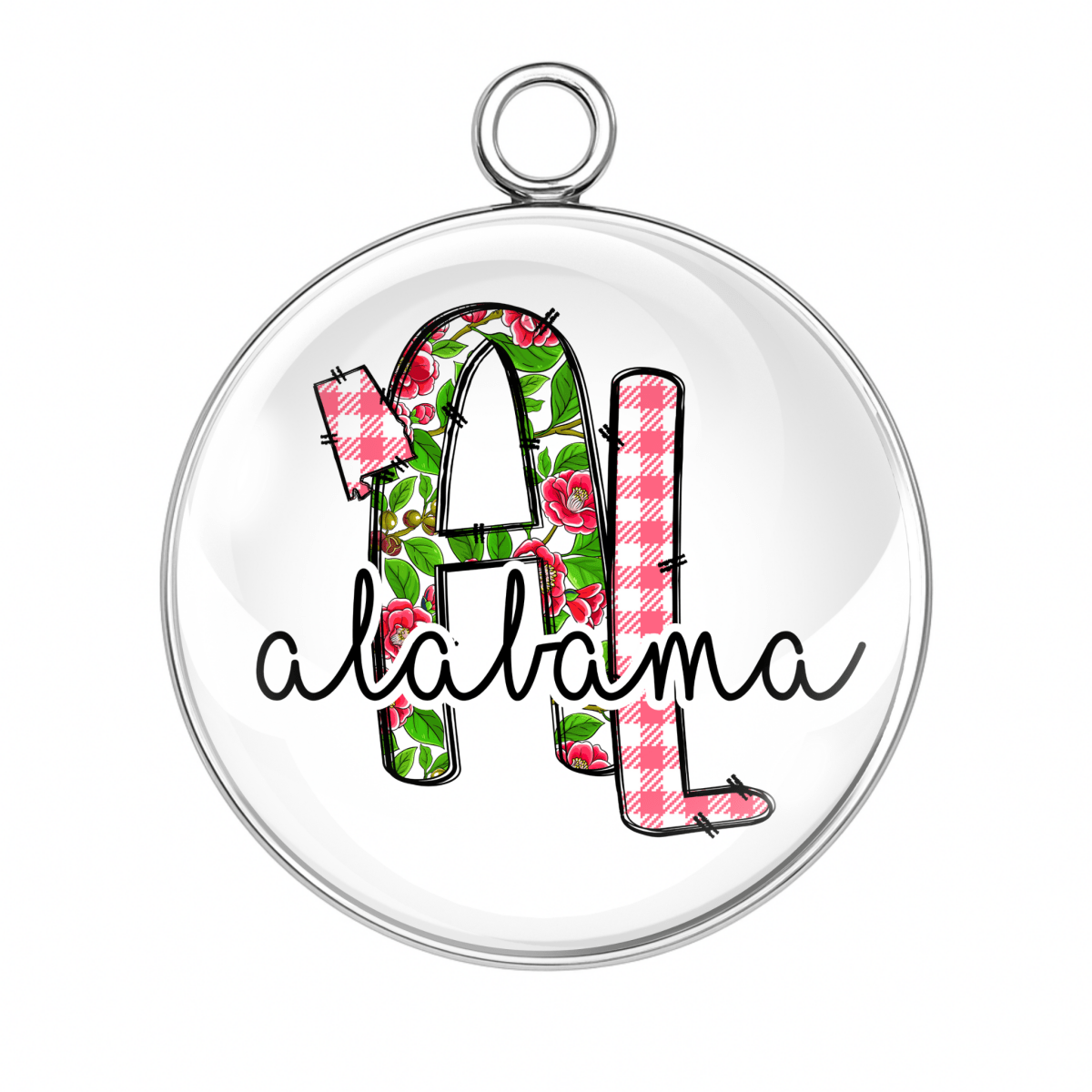Clear circular pendant with floral and plaid design inside the letter 'A' and 'ala' text.